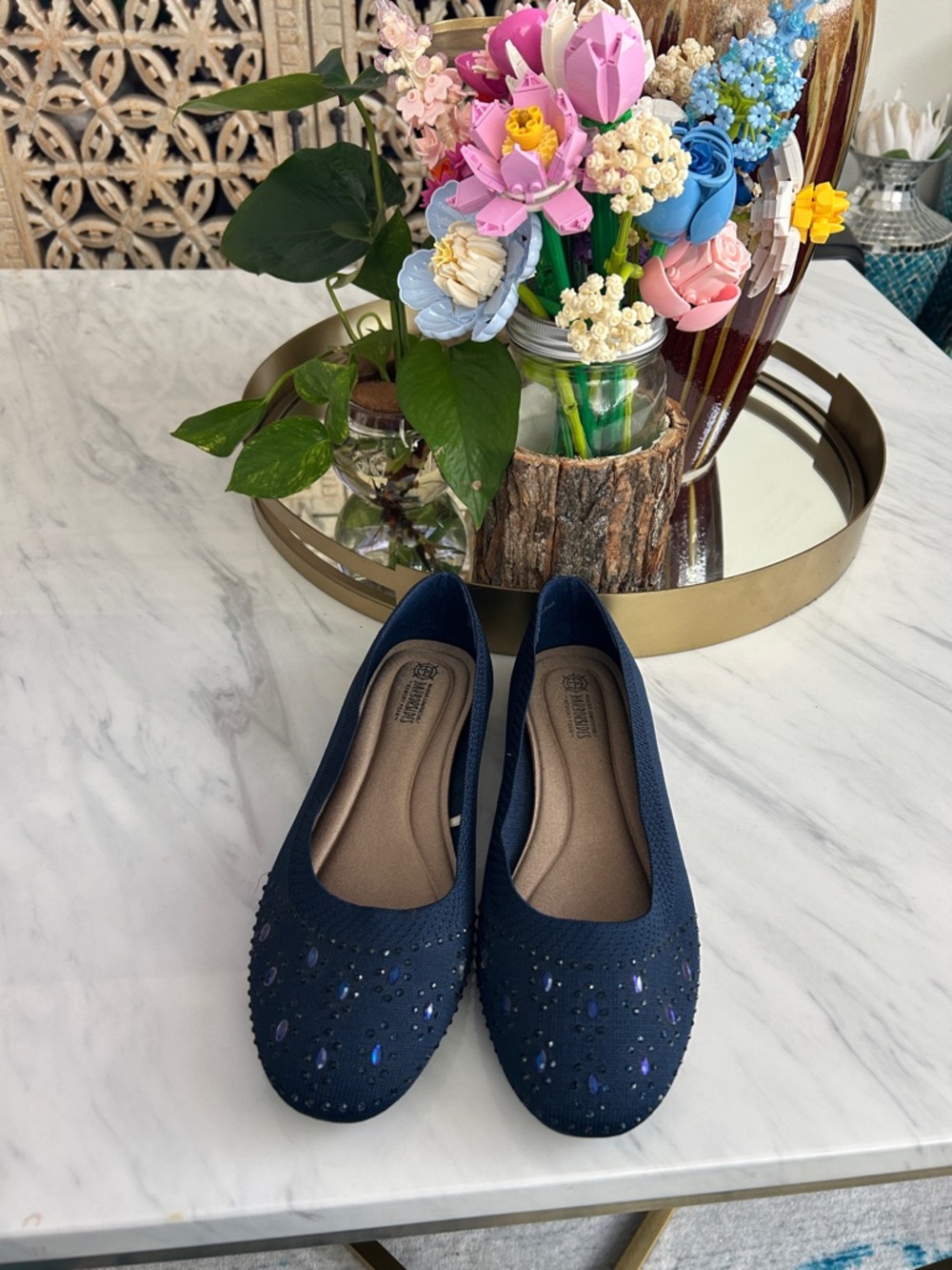 Crystal-Embellished Navy Slip-On Ballet Flats